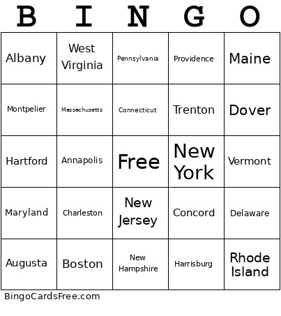 Northeast Region Bingo Card