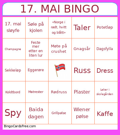 Norwegian National Day Bingo Card