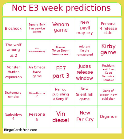Not E3 Week 2026 Announcements Bingo Card