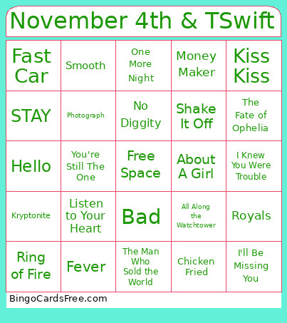 November 4th & TSwift Bingo Card