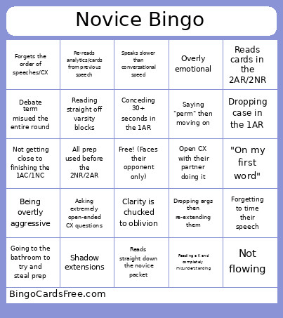 Novice Bingo Card