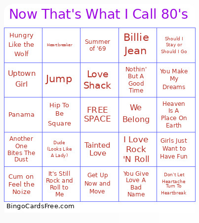 Now That's What I Call 80's Bingo Card