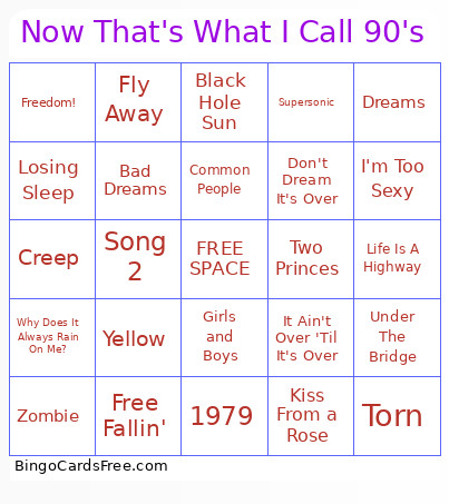 Now That's What I Call 90's Bingo Card