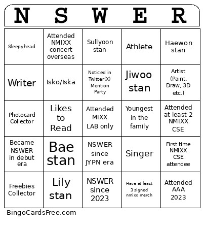 NSWER Bingo Card