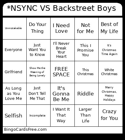 *NSYNC VS Backstreet Boys Bingo Card