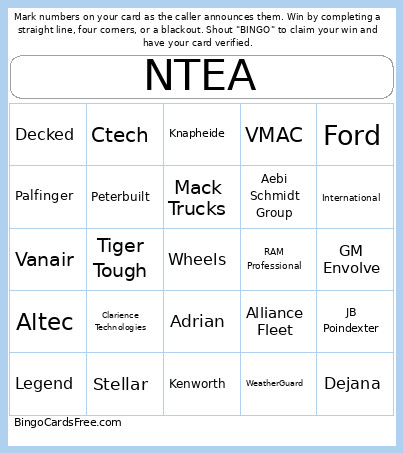 NTEA Vulcan Wheels Bingo Card