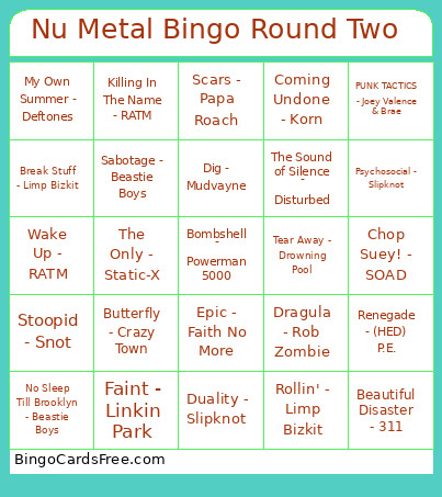 Nu Metal Round Two Bingo Card