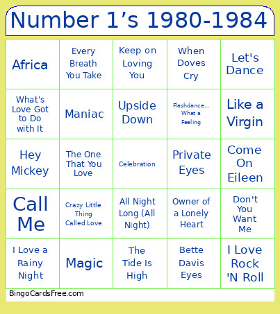 Number 1’s 1980-1984 Bingo Card