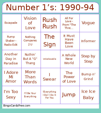 Number 1’s: 1990-94 Bingo Card