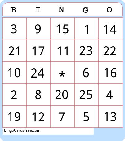 Number Bingo 1-25 Cards Free Pdf Printable Game, Title: BINGO