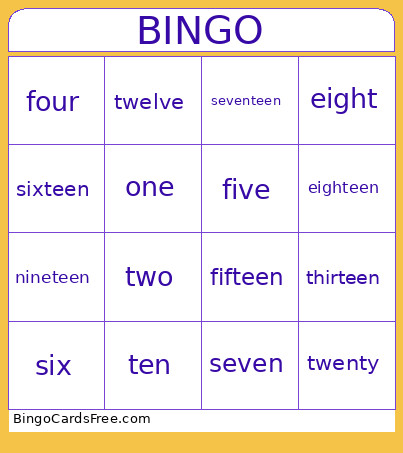 Number Names Bingo Card