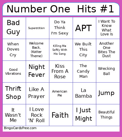 Number One Hits #1 Bingo Card