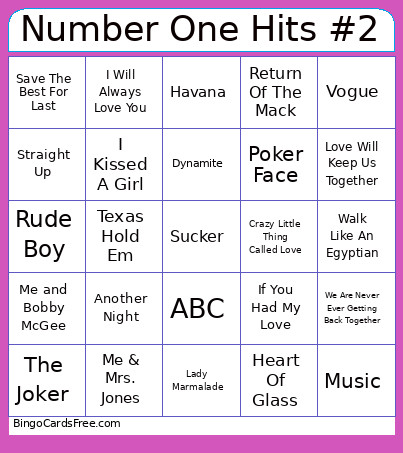 Number One Hits #2 78 Songs Bingo Card