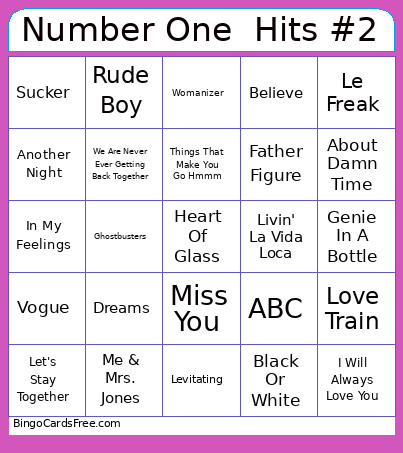 Number One Hits #2 90 Songs Bingo Card