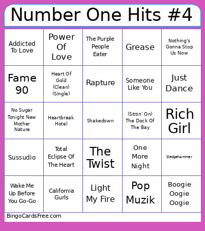 Number One Hits #4 73 Songs Bingo Card