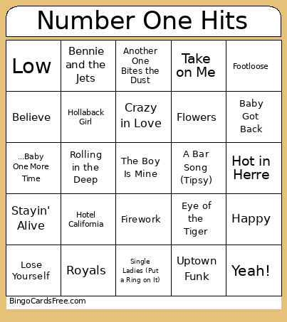 Number One Hits Bingo Card