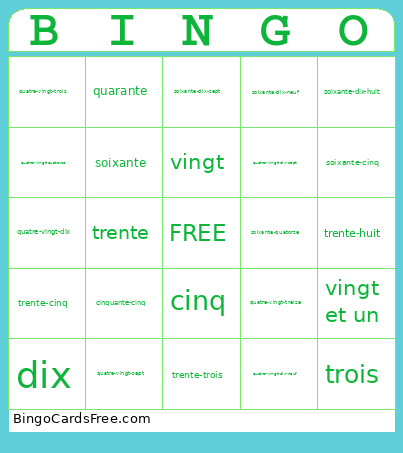 Numbers Bingo Card