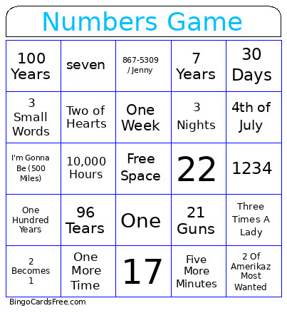 Numbers Game Bingo Card
