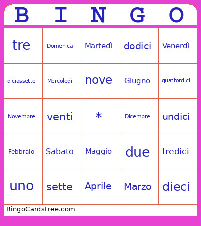 Numbers, Months, And Days Italian Bingo Card