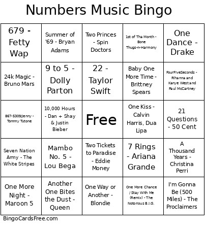 Numbers Music Bingo Card
