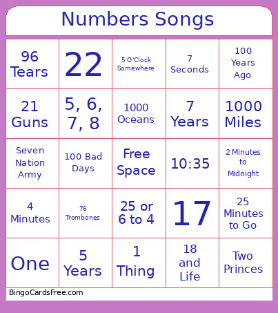Numbers Songs Bingo Card