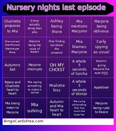 Nursery Nights Last Episode Bingo Card