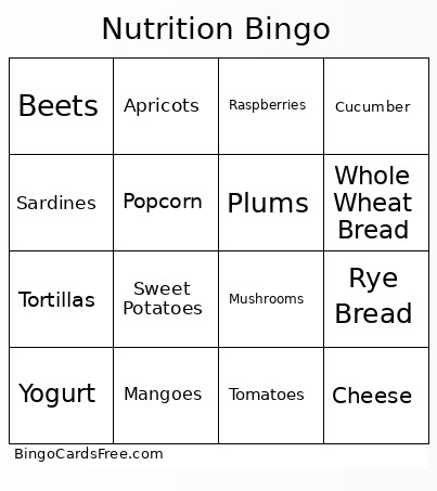 Nutrition Bingo Card