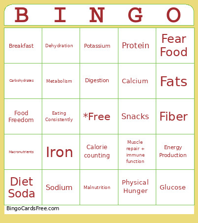 Nutrition Bingo Card
