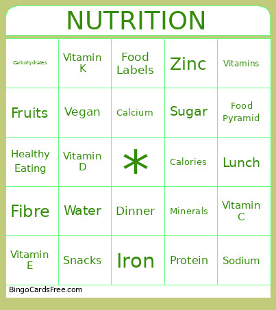 Nutrition Bingo Card