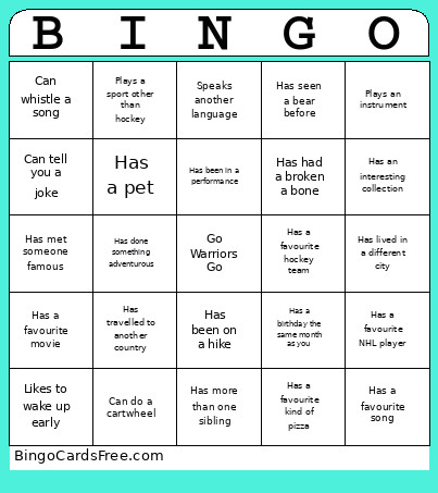 NWW U9-1 White Bingo Card