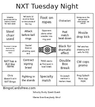 NXT Tuesday Night Bingo Card