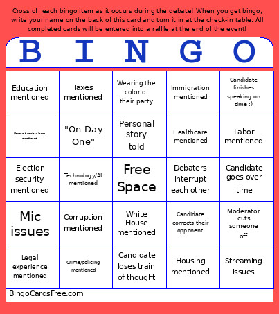 NY Attorney General Debate Bingo Card