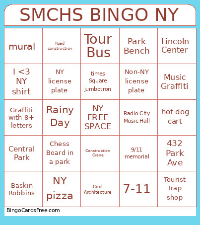 NY TOURIST Bingo Card