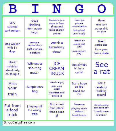 NYC Funny Bingo Card