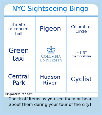 NYC Sightseeing Bingo Card