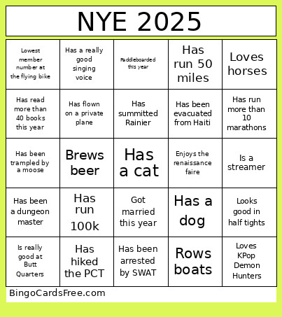 NYE 2025 Bingo Card