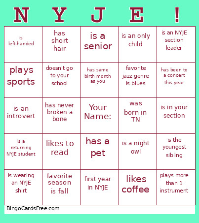 NYJE Ice Breaker Bingo Card