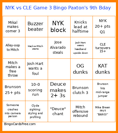 NYK Vs CLE Game 3 Paxton's 9th Bday Bingo Card