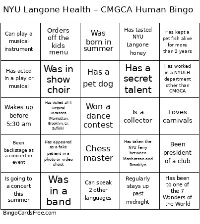 NYU Langone Health – CMGCA Human Bingo Card