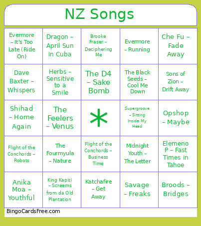 NZ Songs Bingo Card