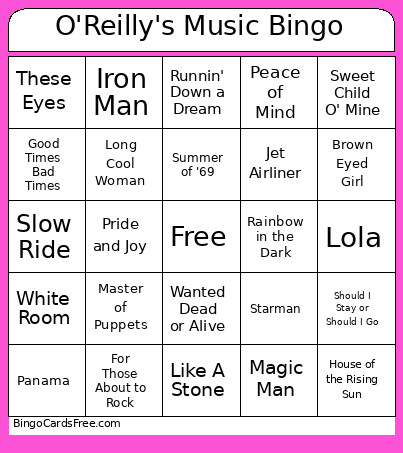 O'Reilly's Music Bingo Card