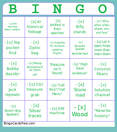 Oak Island Bingo Card