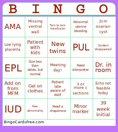 OBGYN SONO Bingo Card