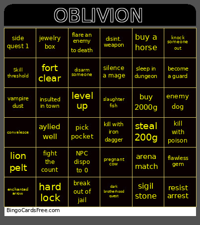 Oblivion Bingo Card 2