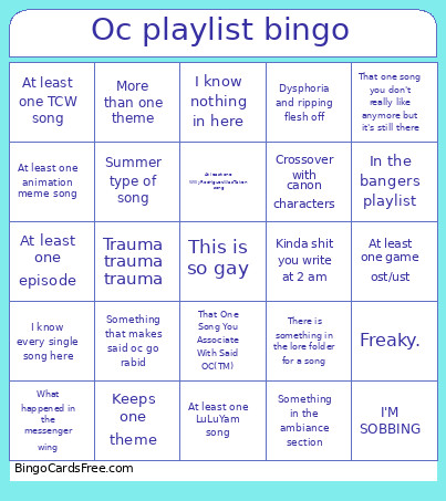 Oc Playlist Bingo Card