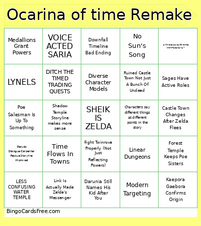 Ocarina Of Time Remake Bingo Card