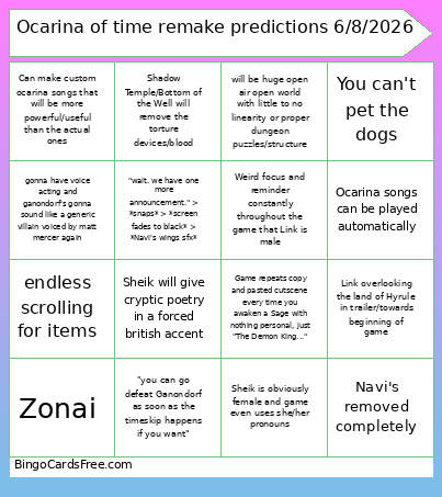 Ocarina Of Time Remake Predictions 6/8/2026 Bingo Card