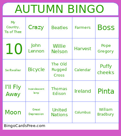 October Music Program Bingo Card