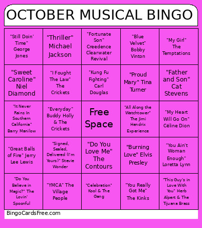 October Musical Bingo Card