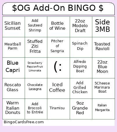 $OG Add-On $ Bingo Card